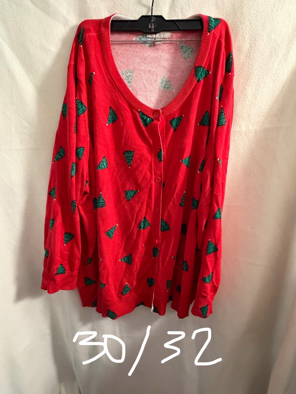 Red Holiday Cardigan with Green Tree Embroidery